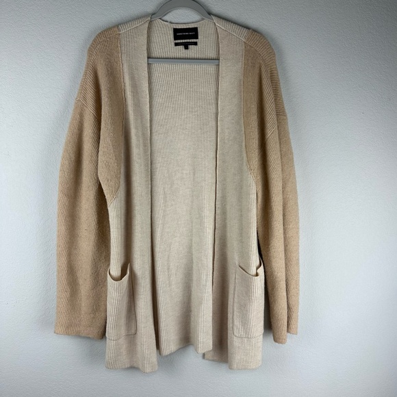 Something Navy Tan Beige Blocked Long Line Open Front Wool Blend Cardigan Small - Picture 1 of 4